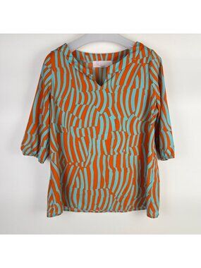 Women's Paper Dolls 3/4 Sleeve Crepe Blouse Top Blue/Orange Zebra Print V-Neck S